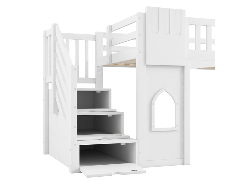 Lit enfant surélevé 90 × 200 cm, escalier de rangement et fenêtre, blanc - Conforama E