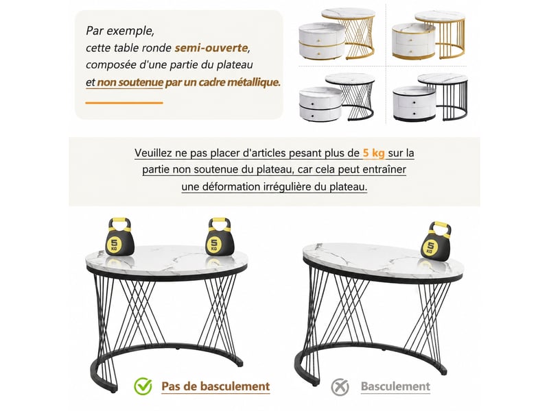  Tables basses gigognes effet marbre, 2 tables rondes avec 2 tiroirs, 60 et 50 cm, blanc  - Conforama D