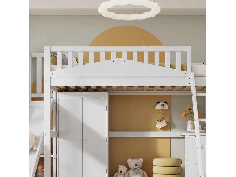  Lit superposé enfant 90x200 cm, avec toboggan, bureau et armoire, rangements intégrés, bois et mdf, blanc, sans matelas  - Conforama E