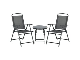 Ensemble de jardin 3 pièces comprenant 2 chaises (53,5 x 64 x 93 cm) et une table basse (ø 45 x 50 cm), en métal gris foncé.
