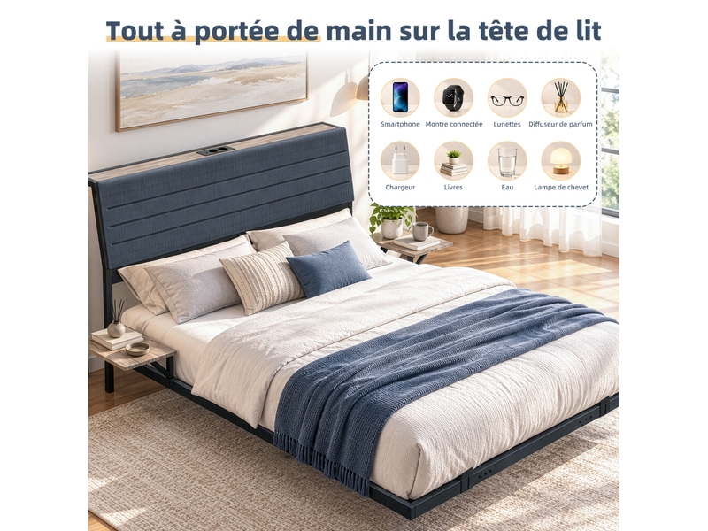  140x190cm-led-plateau de table pour tête de lit-cadre de lit tapissier- lit double-led-usb-type-c, gris  - Conforama C