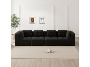 Canapé modulable 4 places en velours côtelé noir, assise profonde, coussins moelleux, sans montage, design antidérapant
