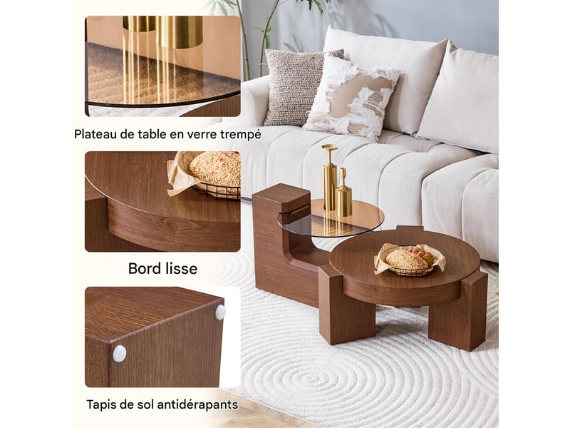  Lot de 2 tables basses gigognes en mdf aspect noyer et verre trempé marron ø61x30 cm - pangivo  - Conforama E