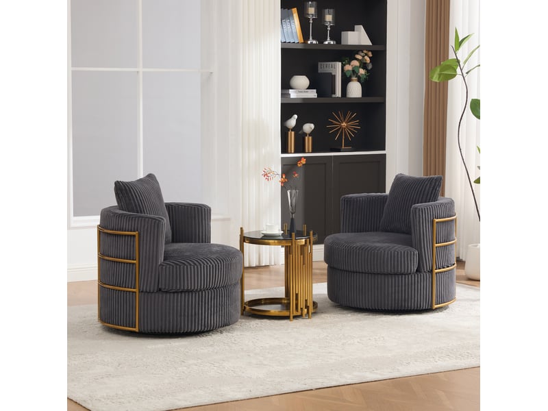  Fauteuil pivotant avec coffre sous l’assise, dossier enveloppant et accoudoirs rembourrés en velours côtelé gris  - Conforama C