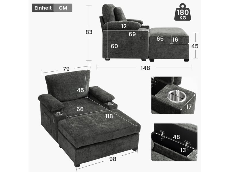  Fauteuil relax modenvie convertible 98 x 148 x 83 cm en chenille gris foncé avec usb et rangement  - Conforama C