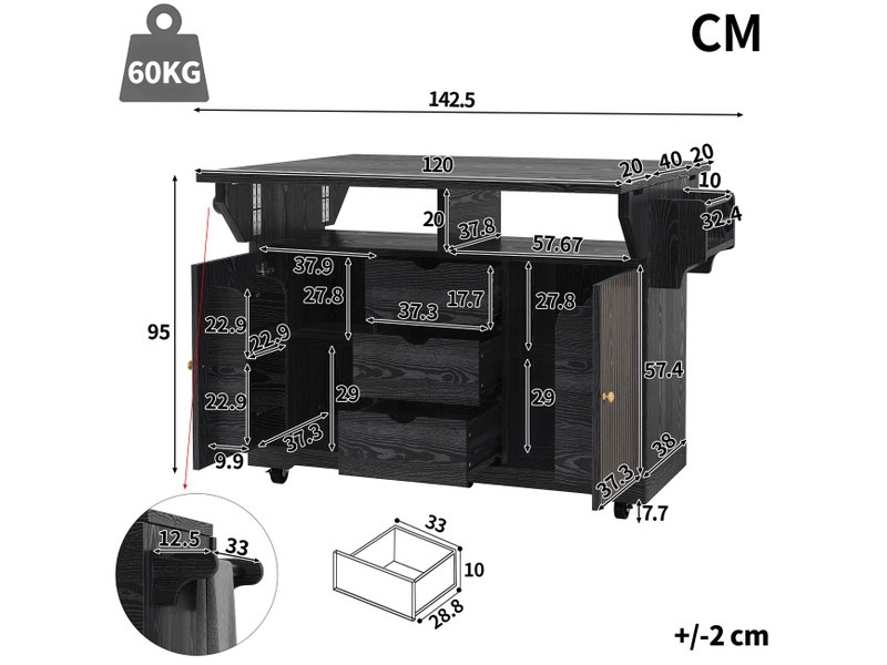  Desserte de cuisine 95 cm chariot de cuisine à tiroirs rallonges de table rabattables hauteur ergonomique plateau de travail roulettes verrouillables structure mobile finition noire  - Conforama C