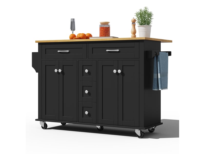  Desserte de cuisine 140x65x89 cm avec plateau rabattable, 5 tiroirs, placards, porte-épices et porte-serviettes mdf noir et naturel  - Conforama D