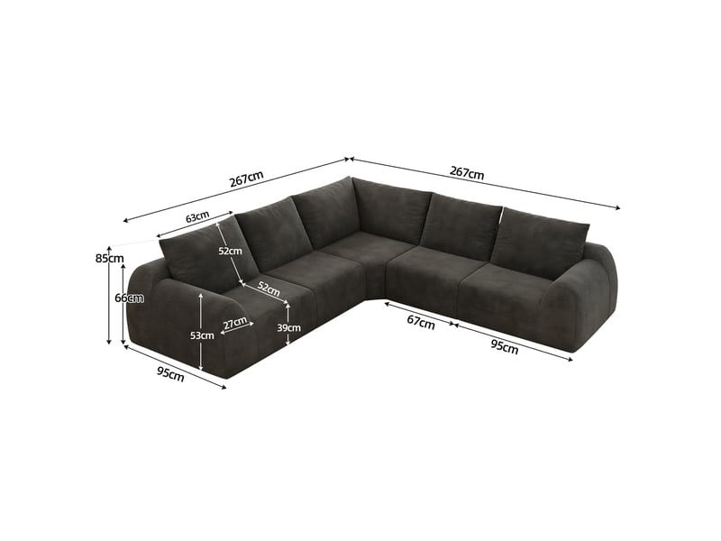 Canapé d'angle 5 places compressé sans outils, rembourrage en mousse et revêtement en chenille gris foncé  - Conforama C