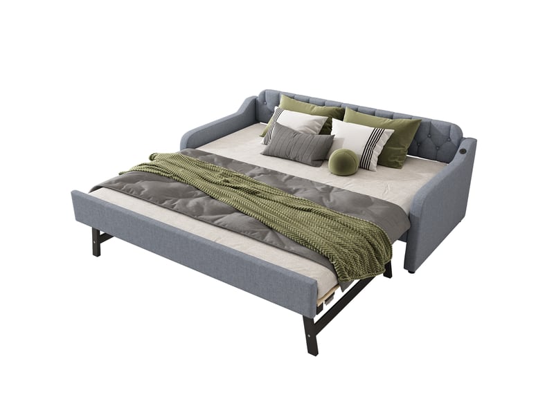  Lit banquette 90x200 cm - lit simple avec rollbed intégré - lin et mdf - sans matelas - gris  - Conforama A