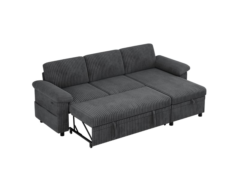 Canapé d'angle convertible 3 places 214x138 cm avec méridienne coffre réversible - dossier réglable, usbusb-c - velours côtelé gris - Conforama A