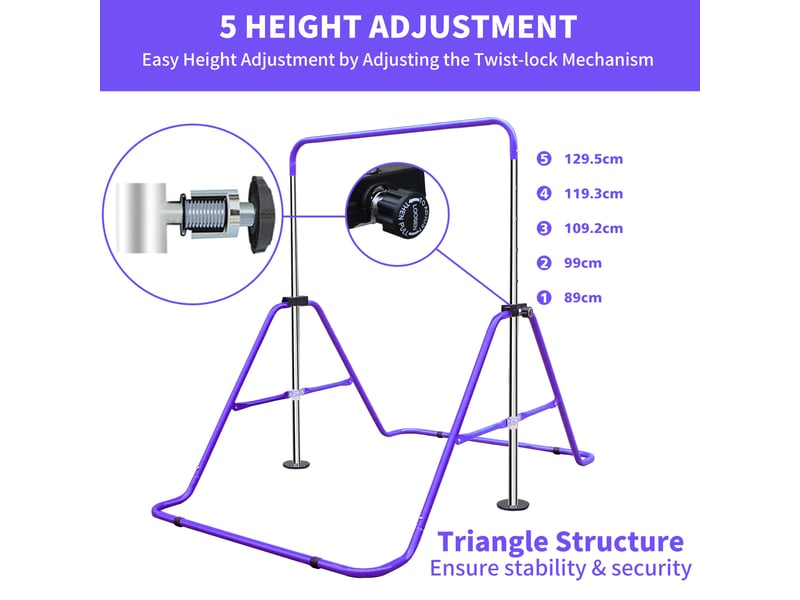  Barre de gymnastique pliable réglable enfant violette, 5 hauteurs et anneaux, pour entraînement à domicile  - Conforama D