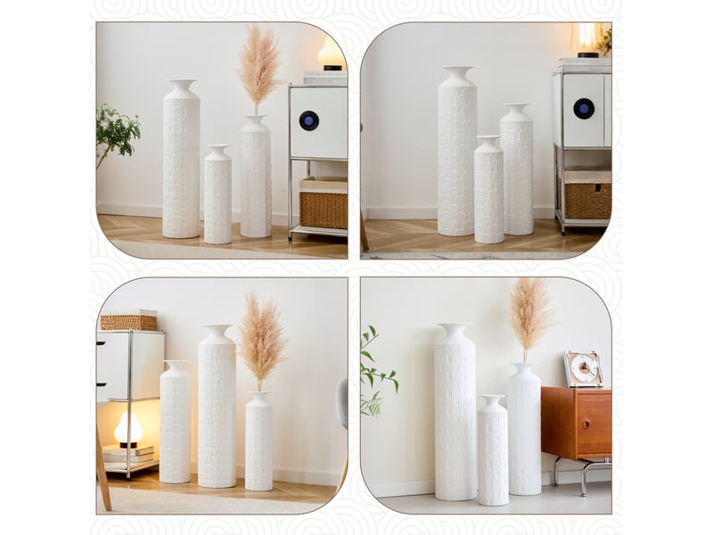 Lot de 3 vases de sol en métal blanc, h 50, 65 et 85 cm, texture en relief pour fleurs séchées décoratives - Conforama D
