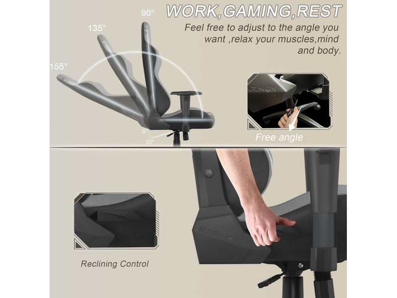  Chaise de bureau ergonomique gaming 54,5 x 50 x 132 cm gris clair en tissu, dossier inclinable et accoudoirs réglables  - Conforama D