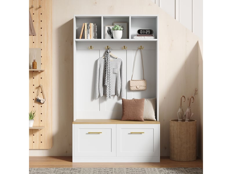  Vestiaire d’entrée, 105 x 40 x 180 cm, avec rangement, avec 4 crochets, avec 2 portes, coloris naturel et blanc, pour maison et appartement  - Conforama D