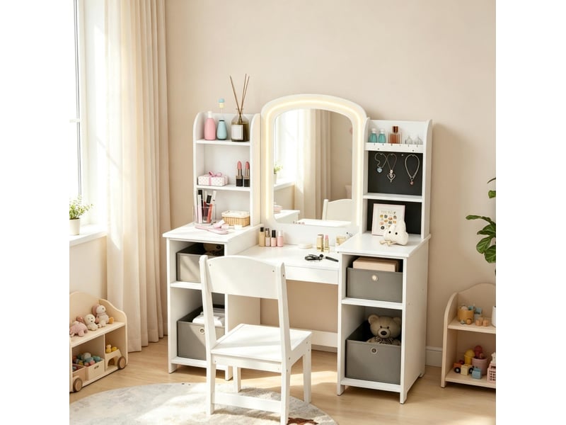 Coiffeuse enfant blanche en mdf avec miroir led et chaise, dès 3 ans, pour jeux créatifs et rangement - Conforama B