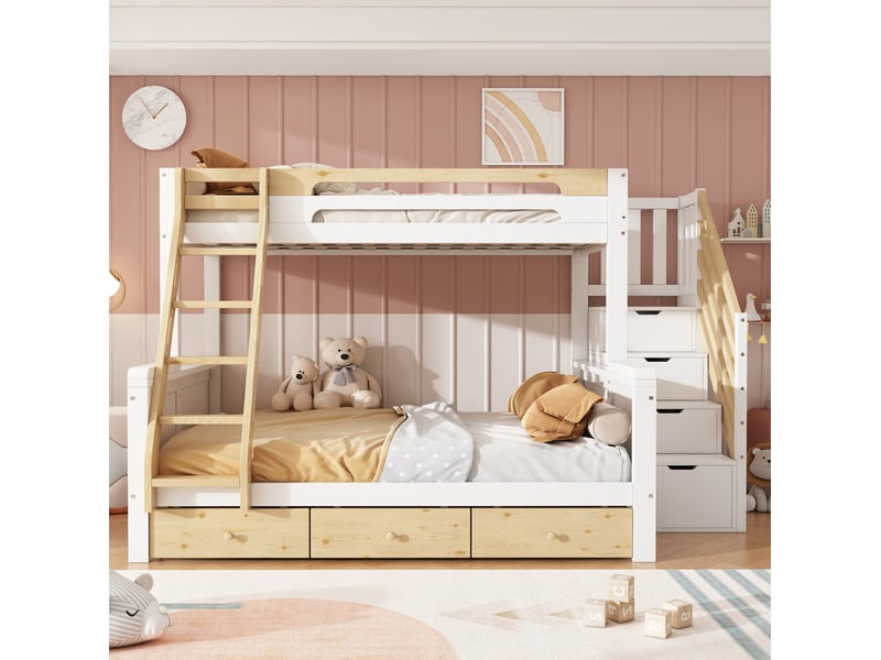  Lit superposé familial modenvie 90 x 200 cm et 140 x 200 cm avec escalier de rangement, échelle, 3 tiroirs, blanc et naturel  - Conforama D