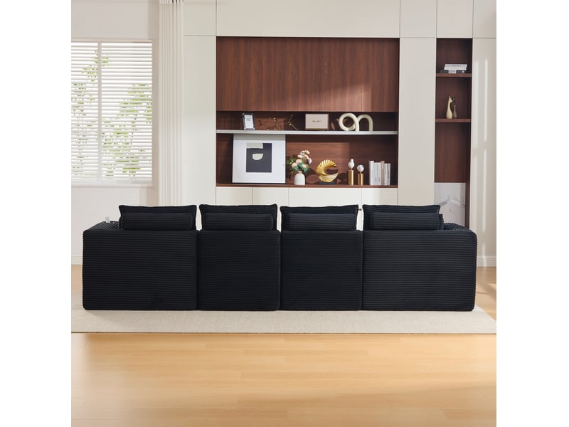 Canapé modulaire 4 places en velours côtelé noir avec 2 poufs, porte-boissons et poches latérales pour salon - Conforama E