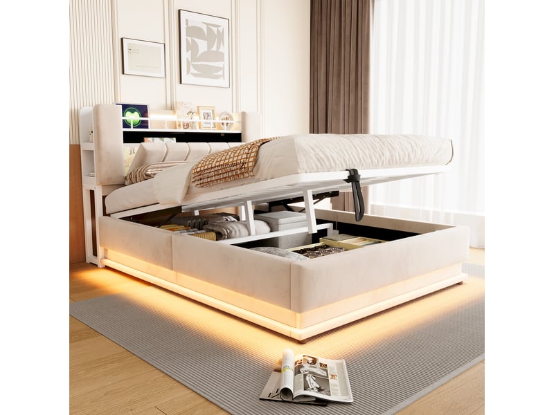  Lit coffre rembourré 140x200 cm avec led, prise usb et rangement hydraulique, structure métal, revêtement velours beige Morn Vibe - Conforama D