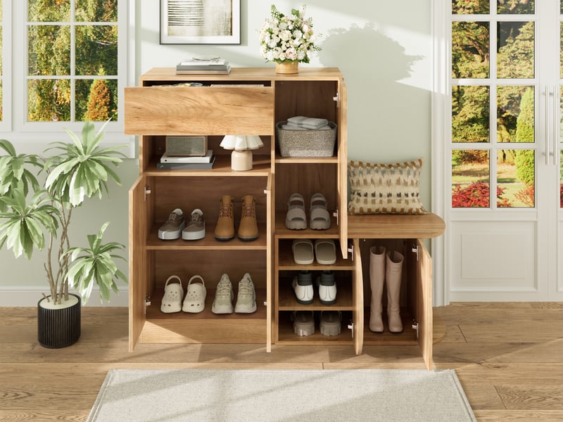  Meuble à chaussures avec banc, 5 portes, tiroir, niche ouverte et crochet pour entrée en mdf 130×35×110,5 cm naturel  - Conforama E