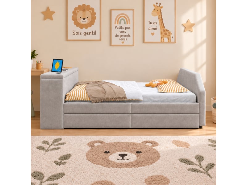  Lit enfant 90 x 200 cm rembourré en velours avec bureau, usb et lit gigogne  - Conforama R