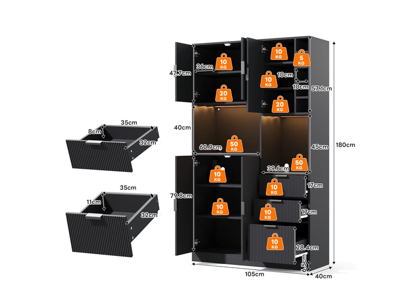  Buffet de salle à manger 180x105x40 cm avec led, 3 tiroirs, porte-bouteilles et étagères réglables  - Conforama C