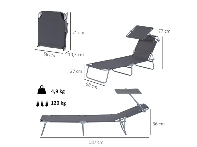  Transat pliable avec pare-soleil dossier réglable 4 positions gris 187x58x36 cm  - Conforama C