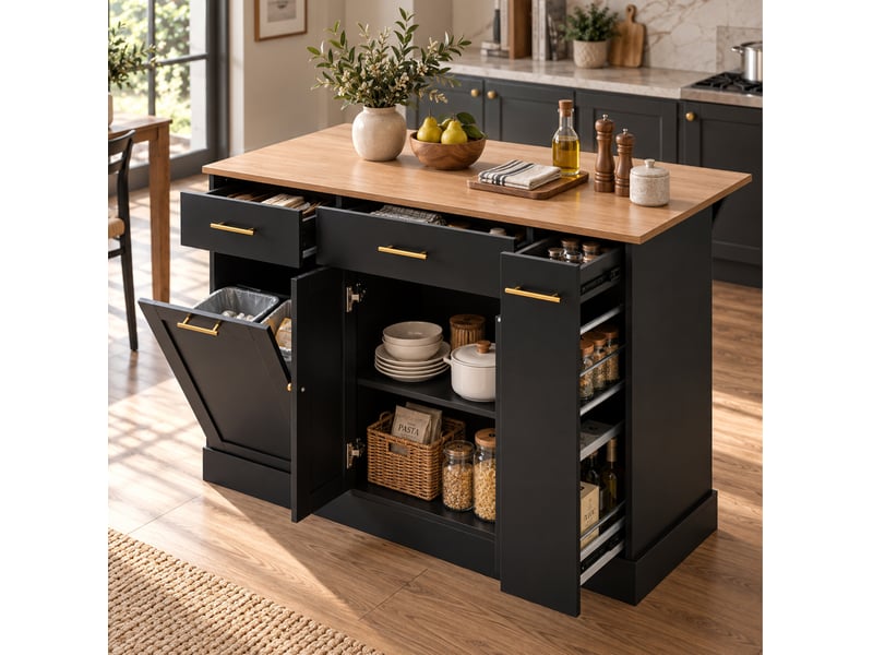  Îlot de cuisine 120x70x91.5 cm noir avec plateau rabattable et 3 tiroirs  - Conforama D