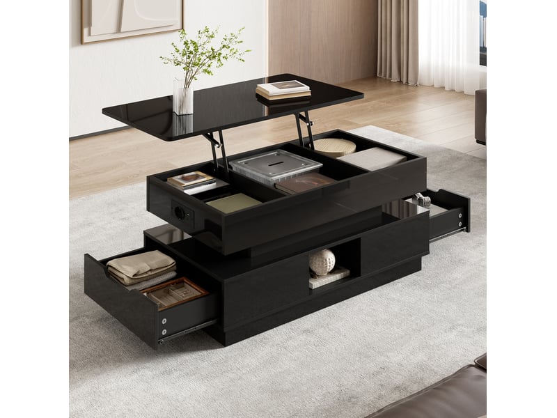 Table basse relevable avec rangement led et prise 90x48x42,5 cm noire homvra  - Conforama C