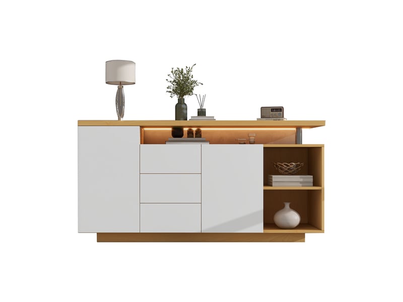  Buffet blanc et chêne clair, 140 × 40 × 70 cm, panneau de particules, avec 2 portes et 3 tiroirs, éclairage led  - Conforama A