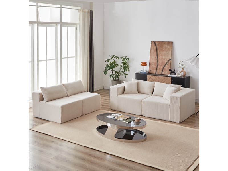 Canapé modulaire d'angle en l 4 pièces, assise large et modules déplaçables en velours côtelé beige  - Conforama B