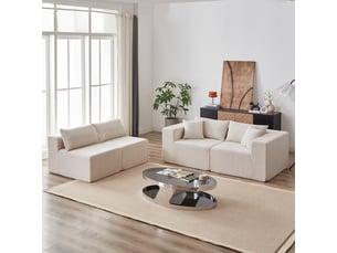 Canapé modulaire d'angle en l 4 pièces, assise large et modules déplaçables en velours côtelé beige