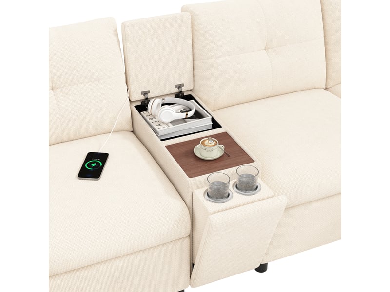 Canapé d'angle modulable 6 places en chenille beige avec console centrale et ports usb - Conforama R