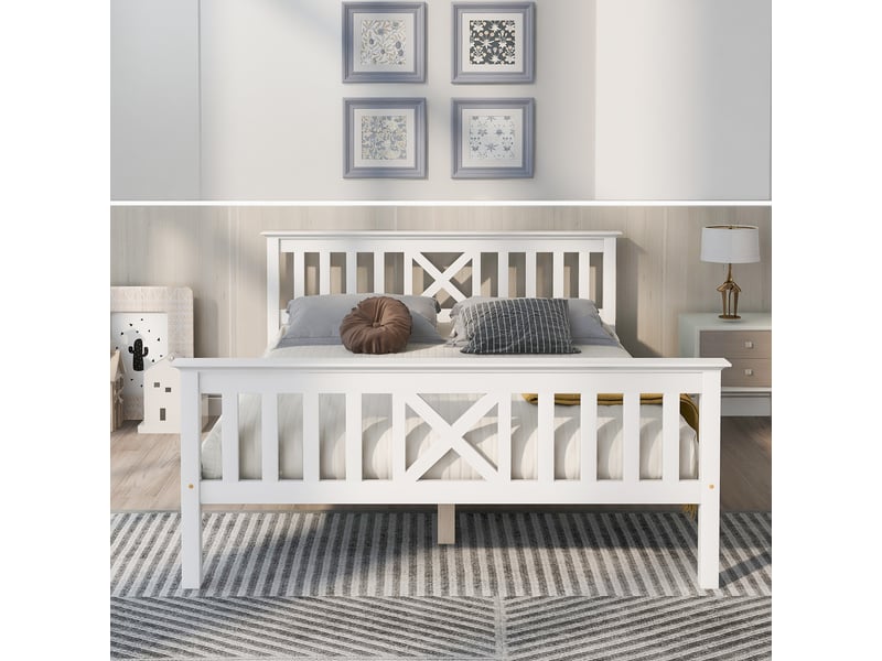 Lit double en pin massif blanc, 140x200 cm, avec tête de lit et sommier à lattes  - Conforama B