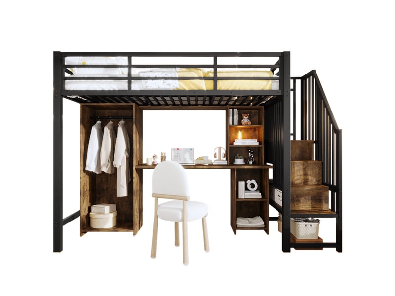  Lit mezzanine 90x200 cm avec rangement, armoire et bureau noir  - Conforama A