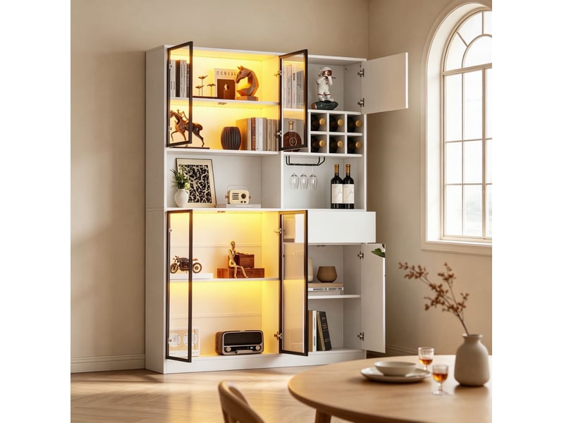  Vitrine 140 x 30 x 200 cm – blanc – led bluetooth, rangements multiples et verre trempé  - Conforama B