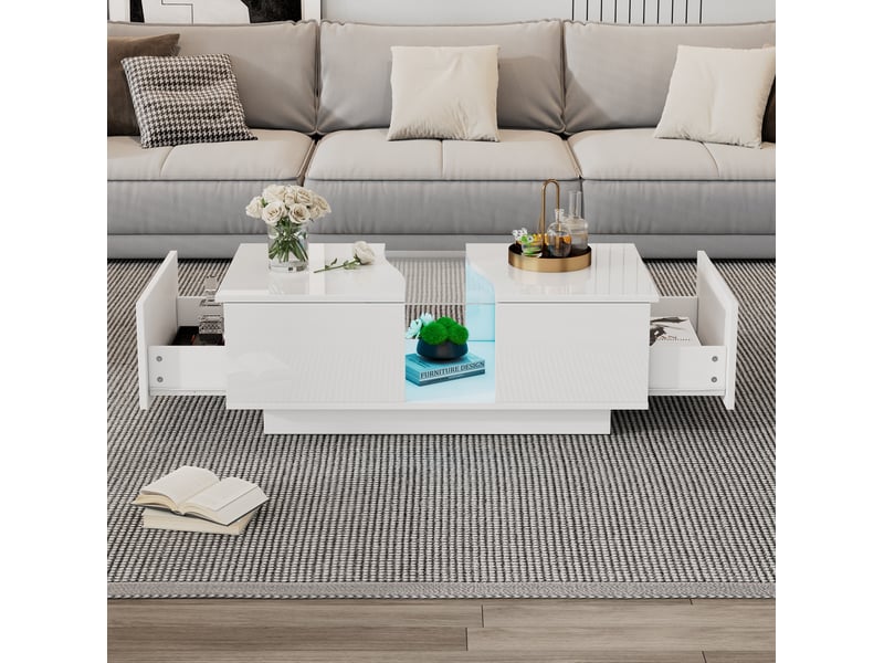  Table basse moderne 100x50x35 cm avec 2 tiroirs, rangement et led, plateau en acrylique, pour salon, mdf blanc laqué  - Conforama D
