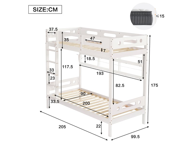  Lit superposé enfant 90 × 200 cm 2 places avec 2 tiroirs, étagères ouvertes et échelle 5 marches, sans matelas  - Conforama D