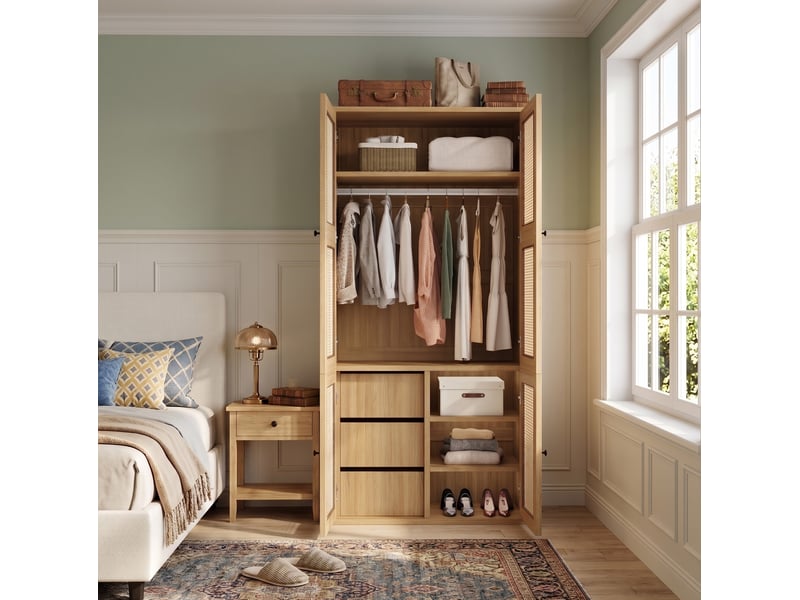  Armoire modenvie en mdf et rotin 90 x 47 x 200 cm, 3 tiroirs, 4 compartiments, tringle, décor chêne  - Conforama D