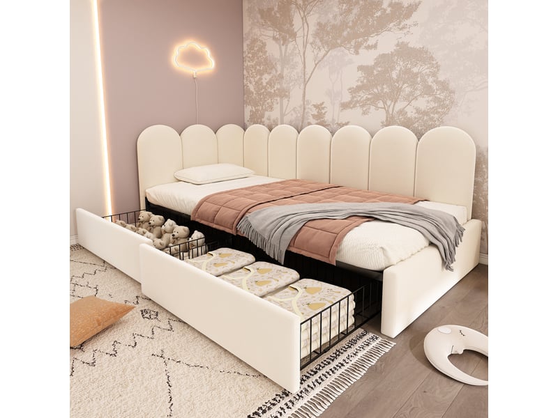  Lit gigogne 90x200 cm, revêtement en velours, coloris beige, 2 tiroirs intégrés, sommier à lattes inclus, matelas non inclus, style banquette  - Conforama D