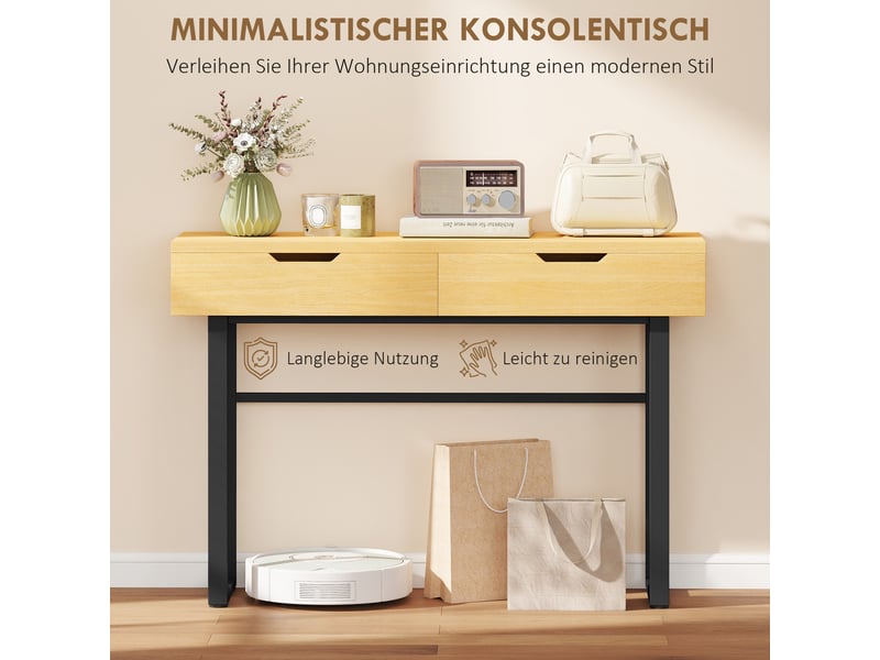  Table console avec 2 tiroirs en panneau de particules et métal naturel 110x35x76,5 cm  - Conforama D