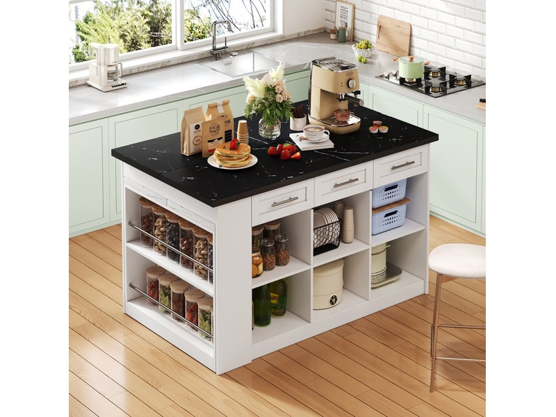  Îlot de cuisine multifonction 150x90x90 cm avec table extensible, rangements intégrés, mdf, blanc  - Conforama B