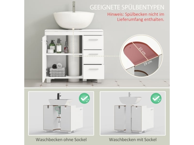  Meuble sous lavabo blanc avec 2 étagères et 3 tiroirs, structure en mdf, rangement salle de bains  - Conforama E