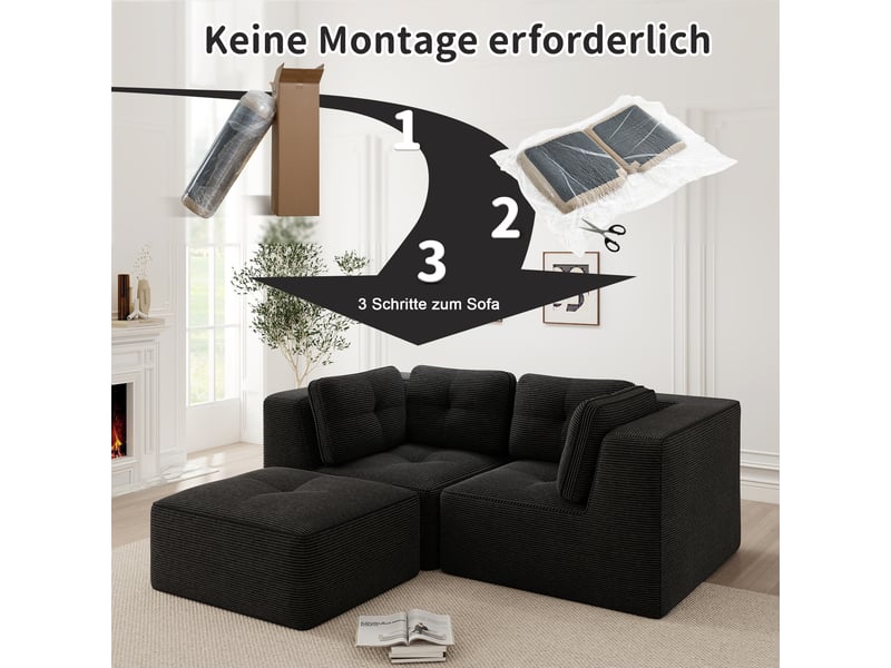  Canapé d'angle modulable 2 places en velours côtelé noir, sans montage, assise profonde, design sans cadre  - Conforama W