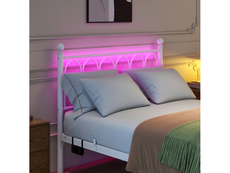  Lit métal 120 × 200 cm 1 place avec led réglable, usb, prise électrique et rangement, sans matelas, blanc  - Conforama E