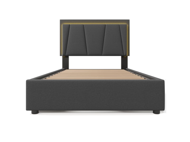  Lit 1 personne 90x200 cm avec tête de lit réglable en hauteur, cadre de lit avec led et 2 tiroirs, gris, lit enfant avec matelas  - Conforama E