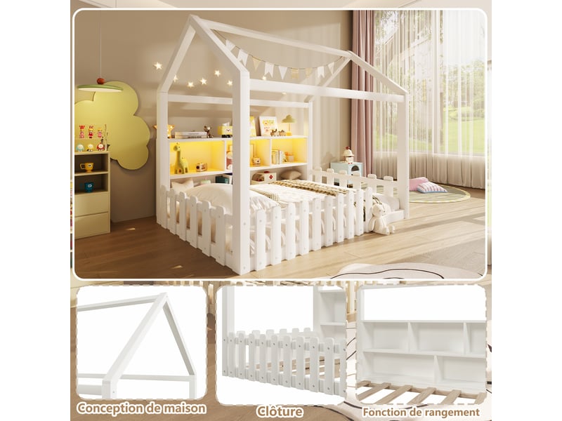  Lit cabane enfant 90x190 cm avec barrières, rangements ouverts, éclairage led et sommier à lattes, pin blanc, sans matelas  - Conforama B