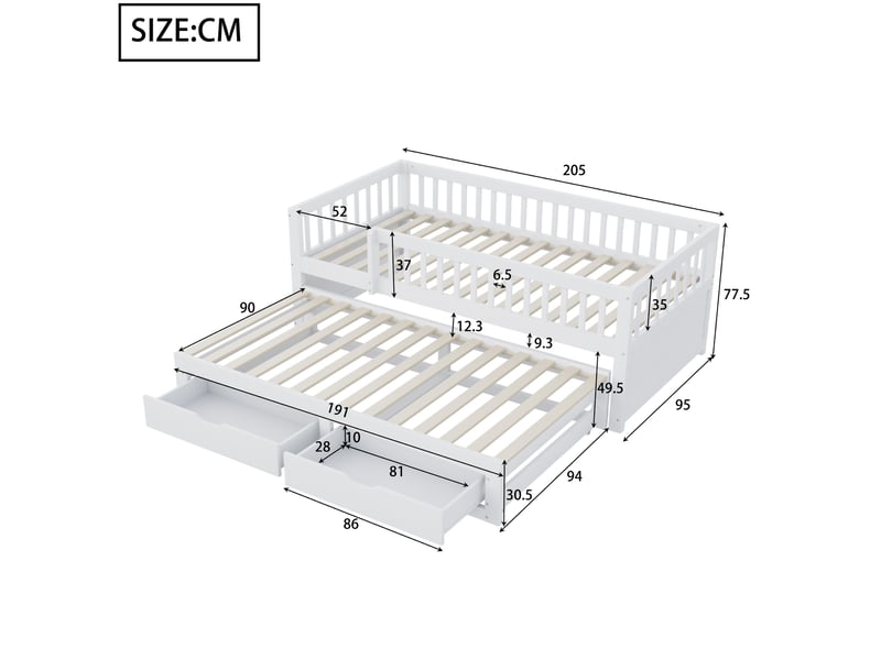  Modenvie lit gigogne 90x200 cm - avec 2 tiroirs, barrière de sécurité, sommier inclus - blanc  - Conforama C