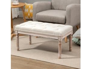 Bout de lit avec assise rembourrée et pieds en bois, vintage français, polyester aspect lin blanc, 80 × 40 × 43 cm