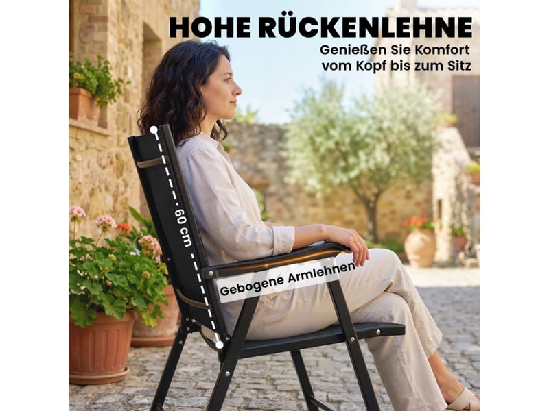  Chaise de jardin 58 x 62 x 97 cm 2 pièces pliable dossier haut accoudoirs structure en acier textilène noir  - Conforama E