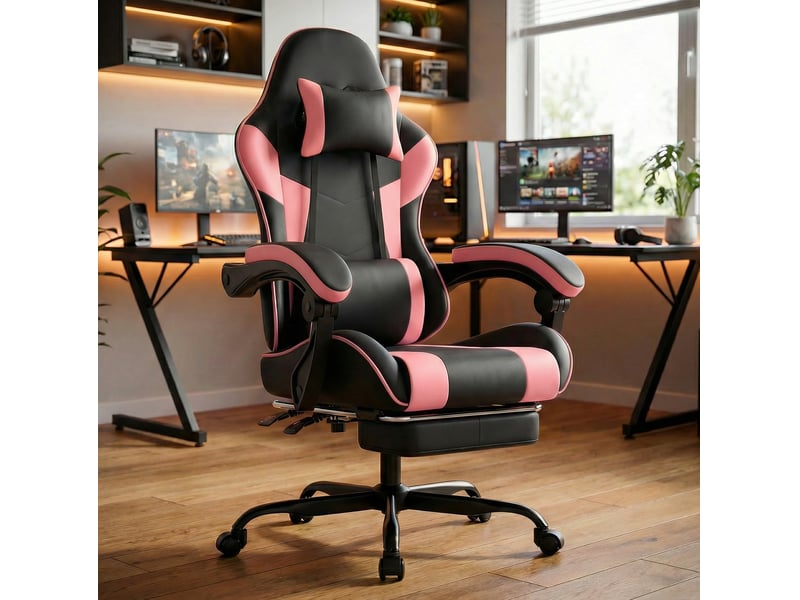  Fauteuil gaming noir et rose en pvc avec repose-pieds réglable  - Conforama B